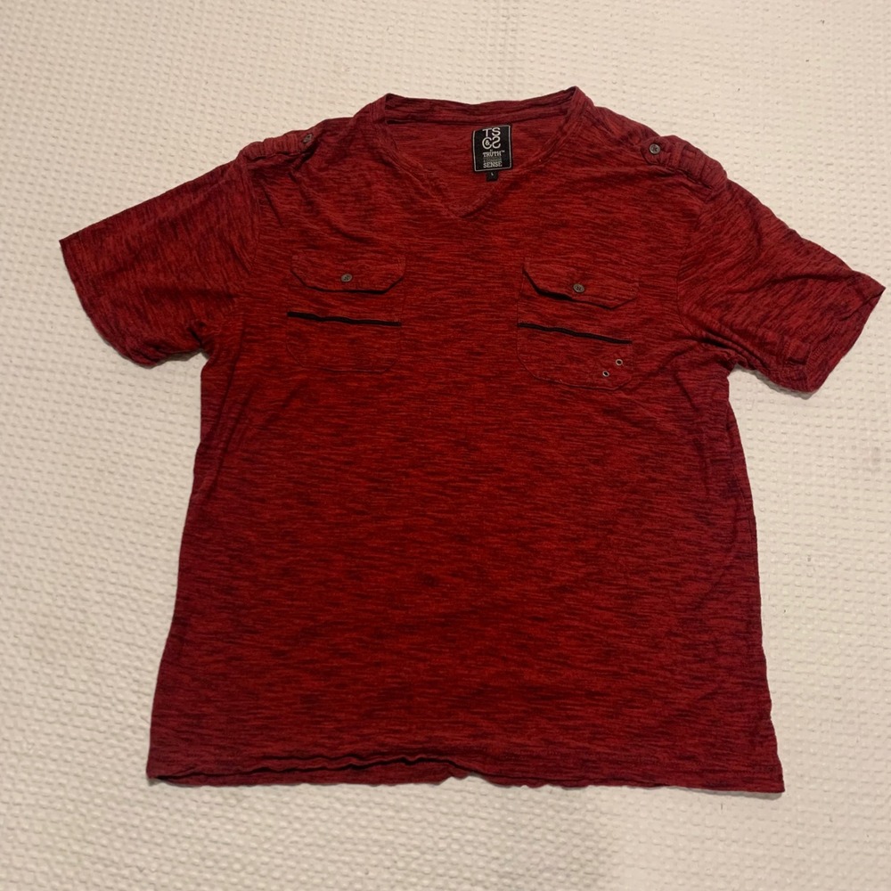 Truth Substance & Common Sense Mens V-Neck Space Dye Tee Red L Epaulettes